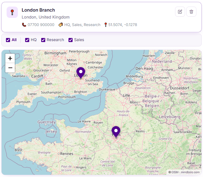 Mindbolo AI showing an interactive map with locations inside the widget